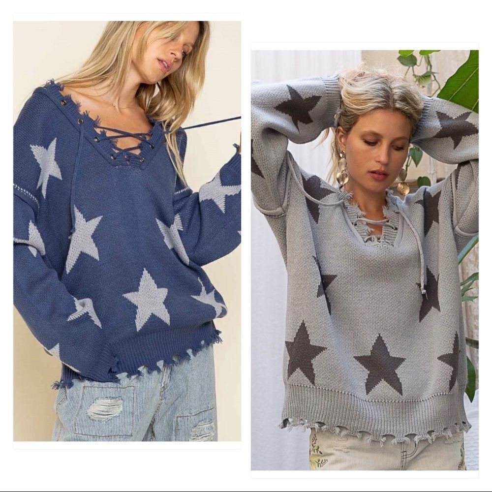 ๐
บPOL Bohemian sweater with tattered raw edges, and Lace up front and back - Picture 5 of 15